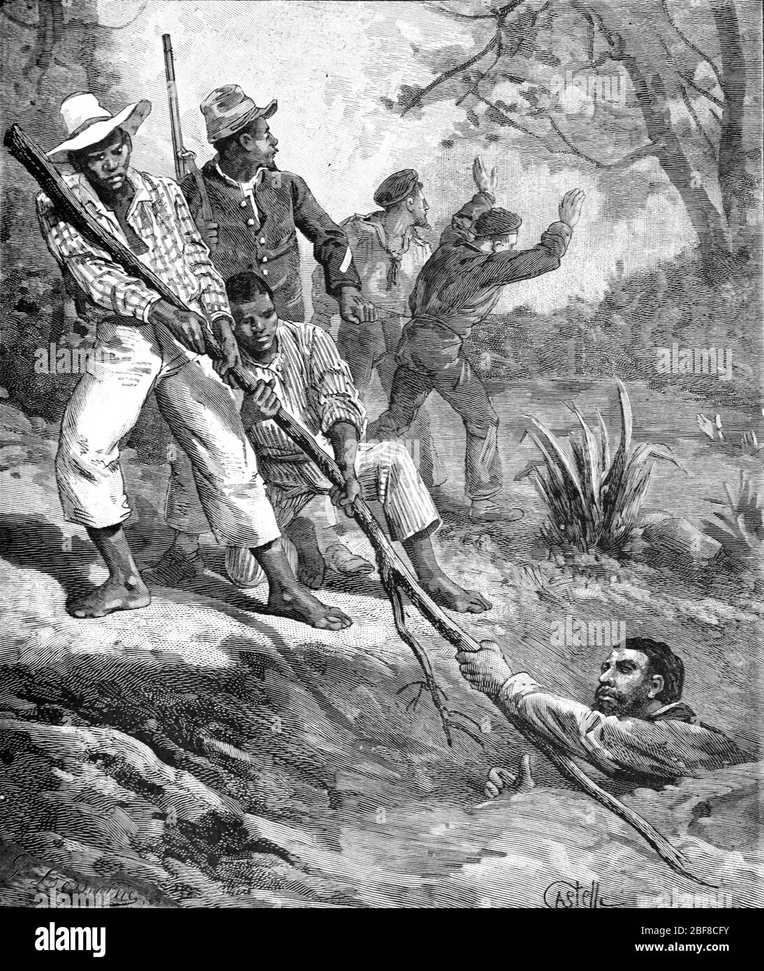 Domenicani che salvano l'uomo da Quicksand o Quicksands in Dominica Caraibi. Vintage o Old Illustration o Engraving 1888 Foto Stock