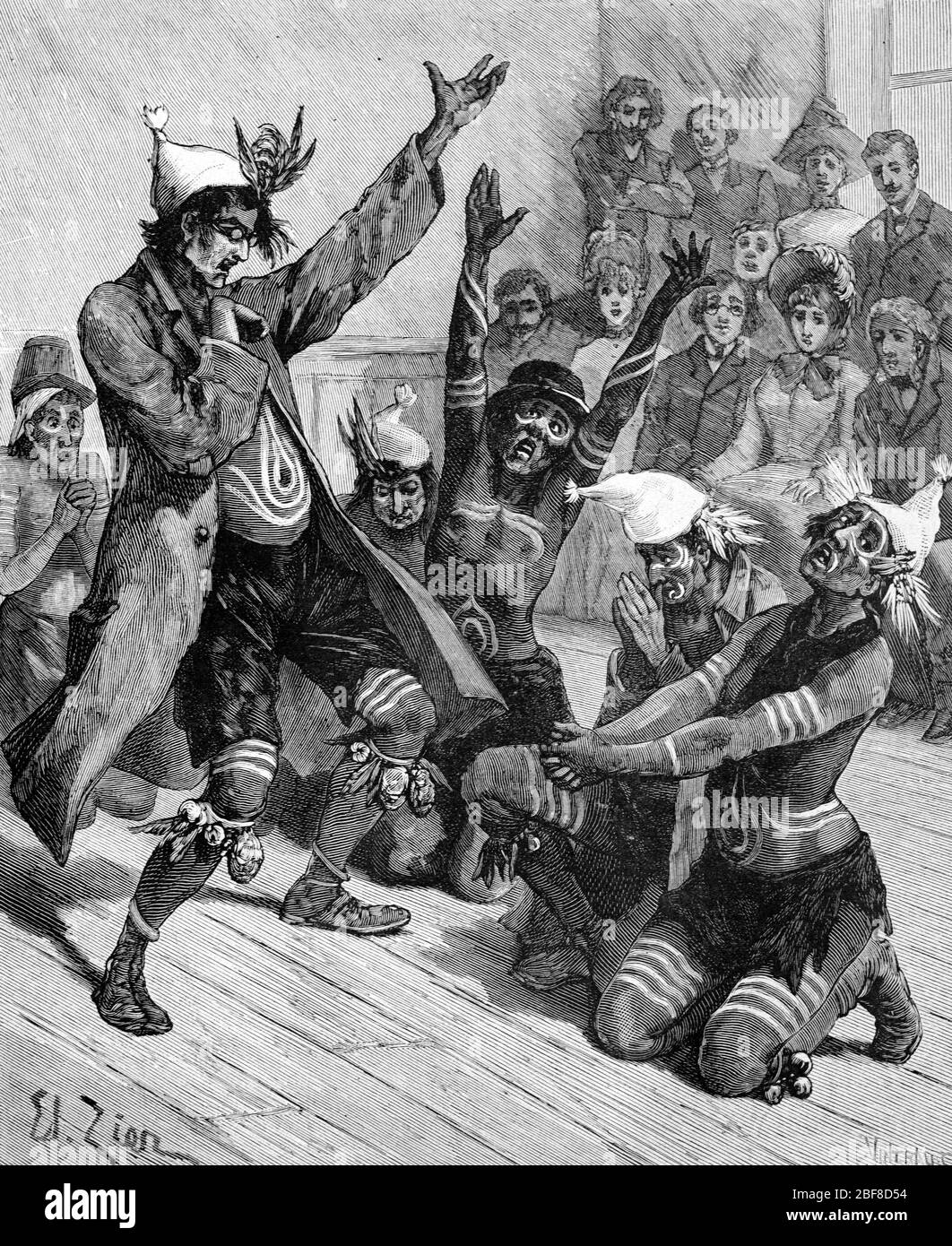 Danza degli indiani Zuni, o Zuni nativi americani, un nativo americano Pueblo popolo nativo della Zuni River Valley, New Mexico, Stati Uniti. Vintage o Old Illustration o Engraving 1889 Foto Stock