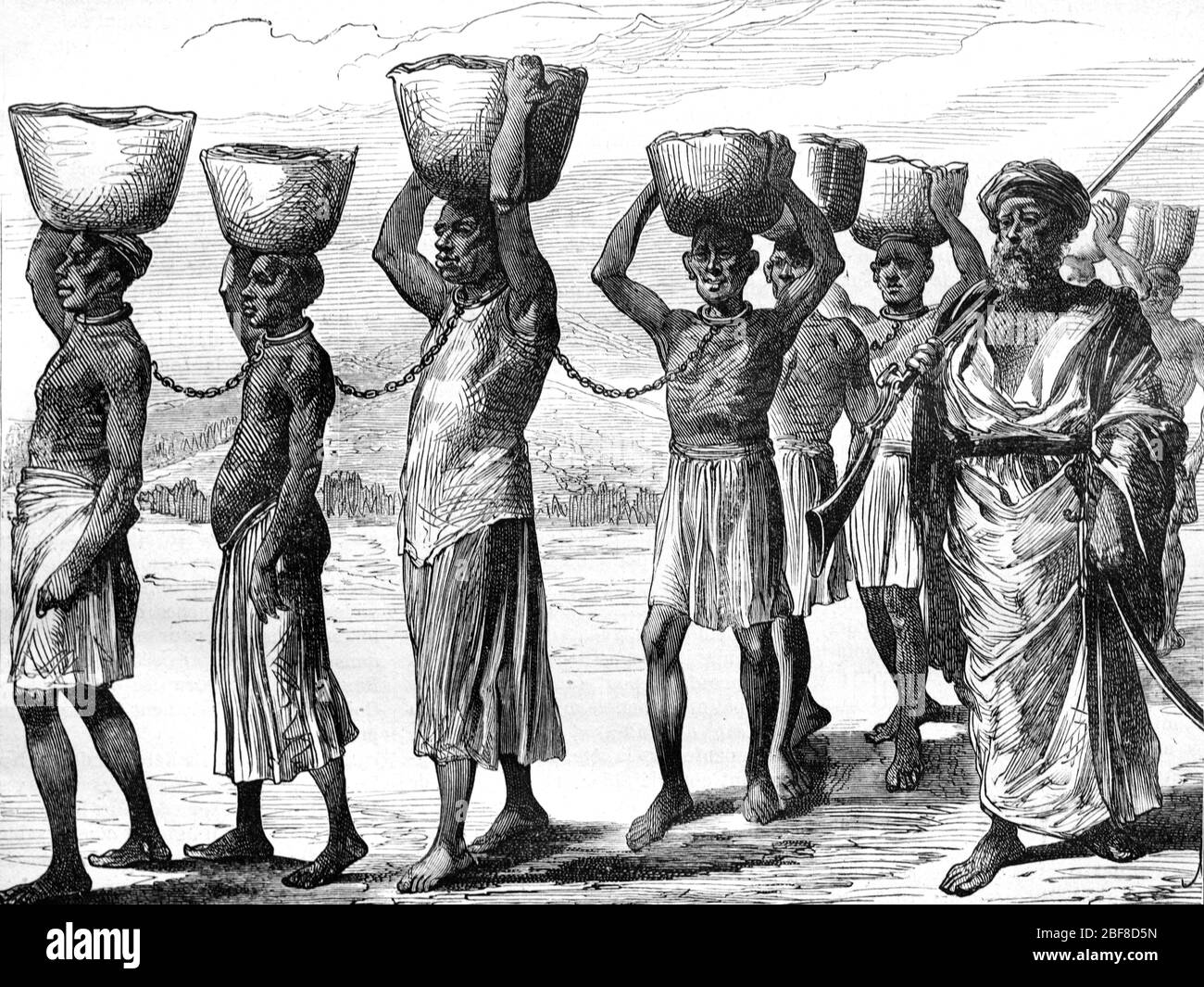Arab Slave Trader leader incomiati schiavi africani a Zanzibar Tanzania Africa. Vintage o Old Illustration o Engraving 1889 Foto Stock