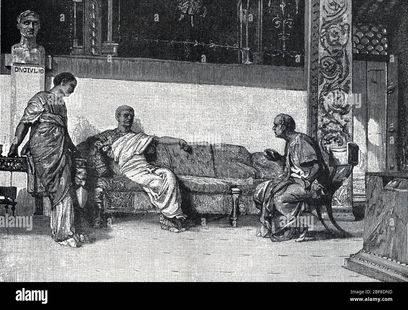 Antiquite romaine 'Caius Cilnius Maecenas dit Mecene (70-8 Avant JC) avec l'empereur Auguste (63 Avant JC-14 Apres JC) et Marcus Vipsanius Agrippa (63 Foto Stock