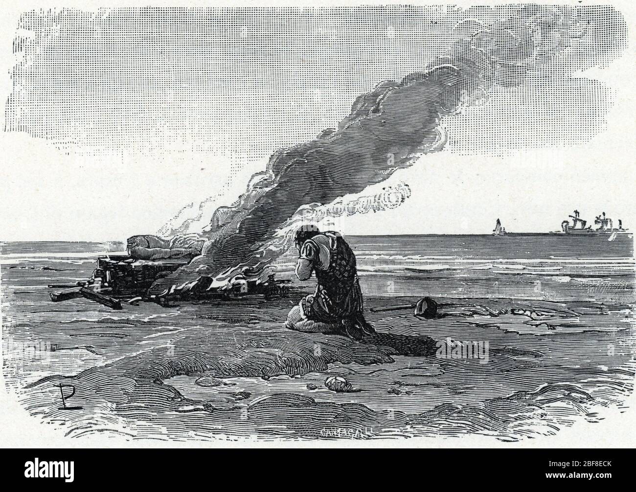 Antichite romaine 'le bucher funebre de Pompee (106-48 Avant JC) en presence de son esclave Philippus en Egypte' (Filippo, uno dei libert ma di Pompeo Foto Stock