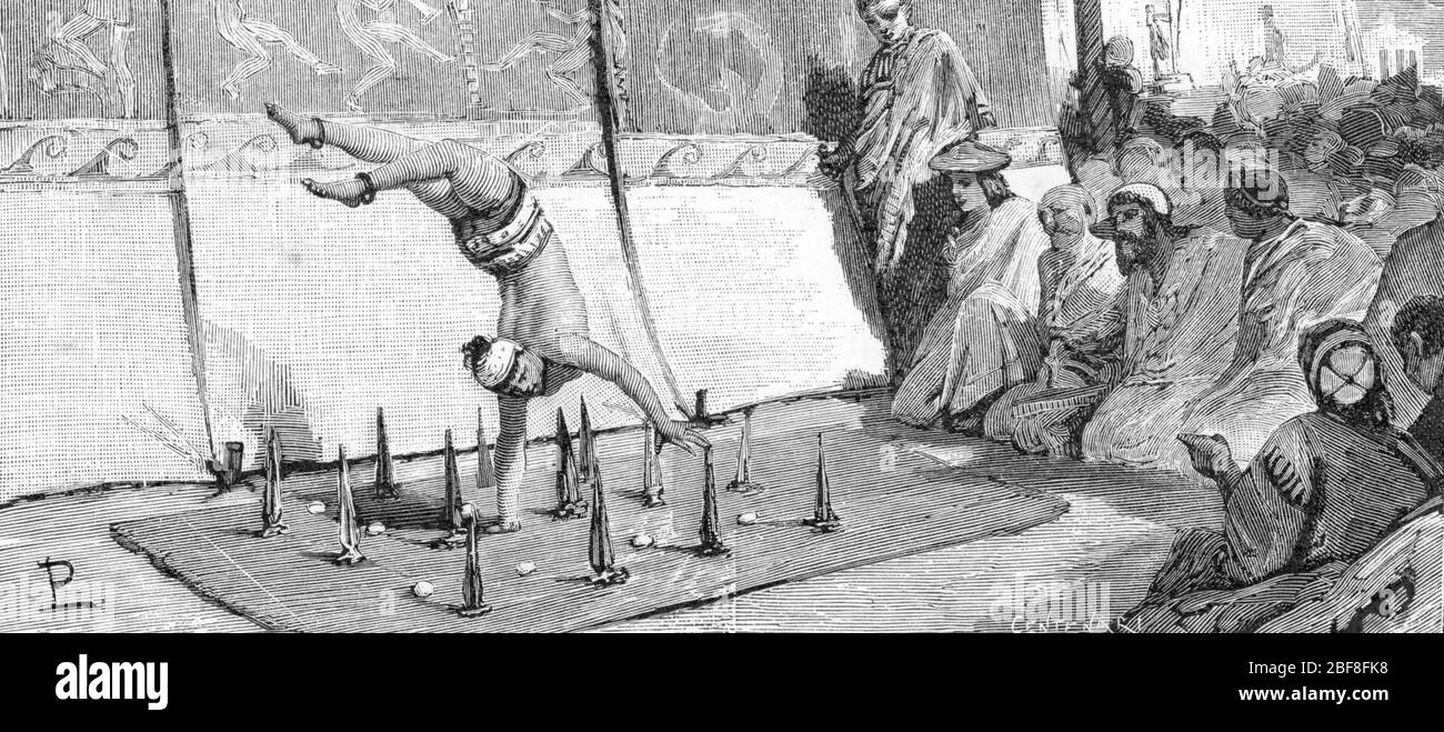 Antichite romaine : Spectacle d'acrobates, 4eme siecle avant JC' (acrobats show, IV secolo a.C.) gravure tiree de 'Mostra di Roma' de Francesco Bertol Foto Stock