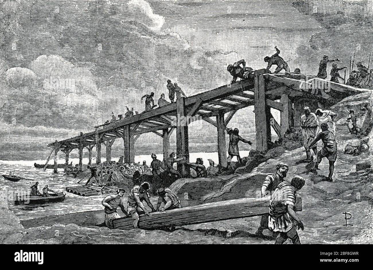 Antichite romaine : Construction des ponts de Jules Cesar sur le Rhin, deux ponts en bois construit en 55 et en 53 Avant JC par Jules Cesar pour le p Foto Stock