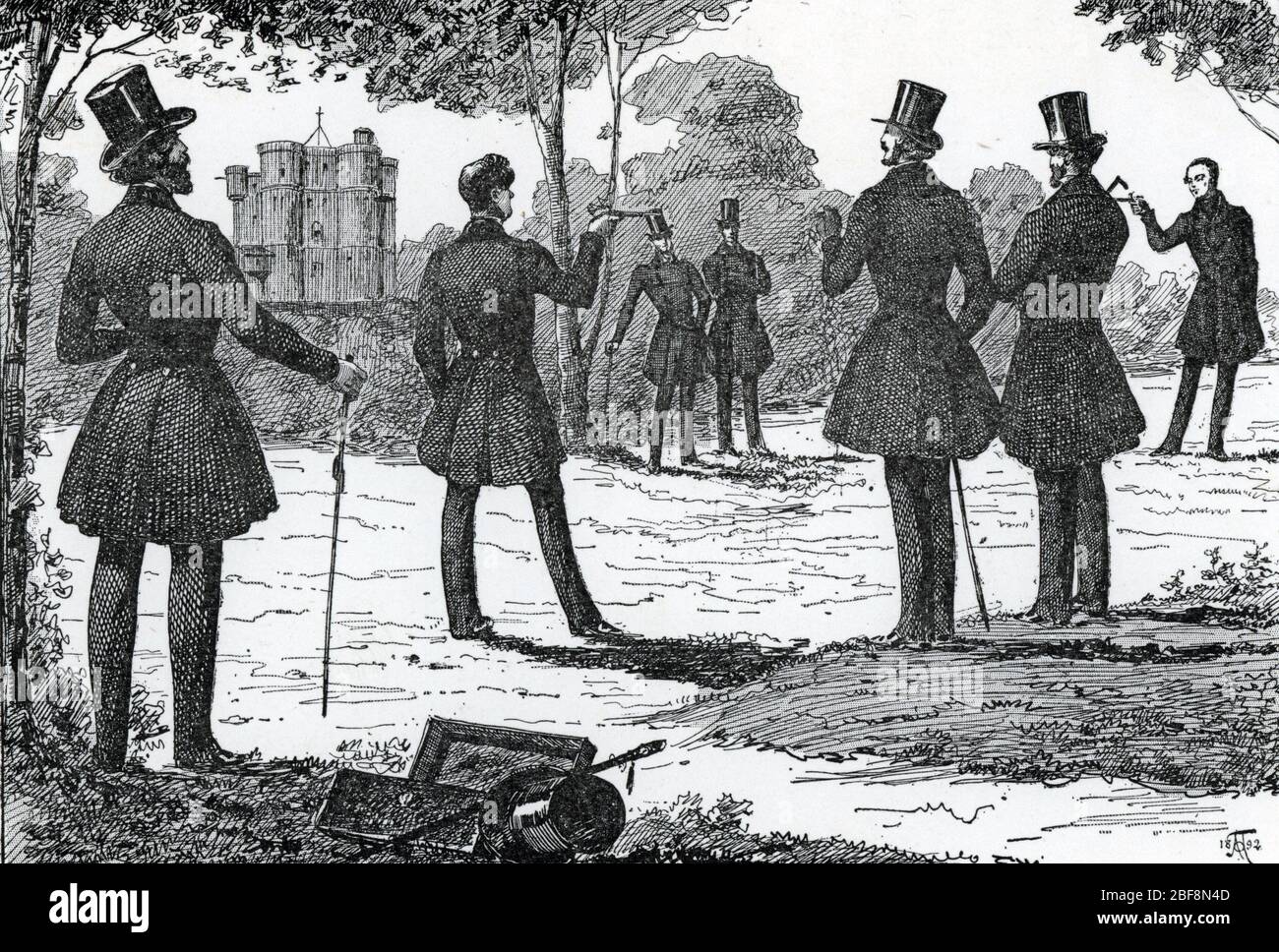 Duel opposant Armand Carrel (1800-1836) a Emile Girardin le 21 juillet 1836 (1806-1881) au bord du lac de Saint-Mande a Vincennes (Duel tra lo jo Foto Stock