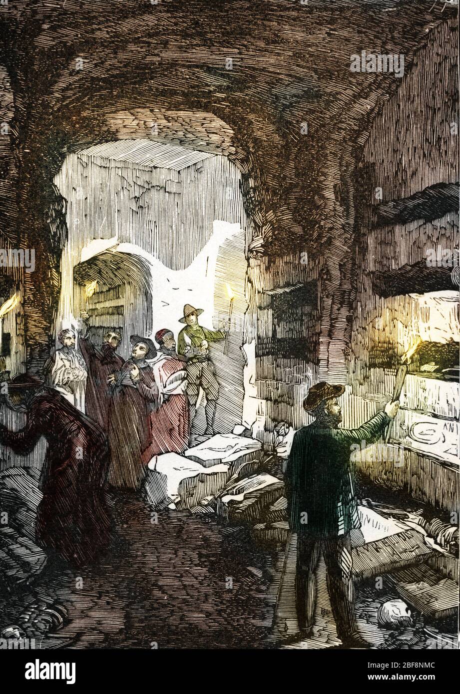 Paleochretien : Visite des catacombes de Trasone a Rome, Italie 19eme siecle (Catacomba di Trasone, Catacomba di Trasone) gravure tiree de 'giovani gente hi Foto Stock