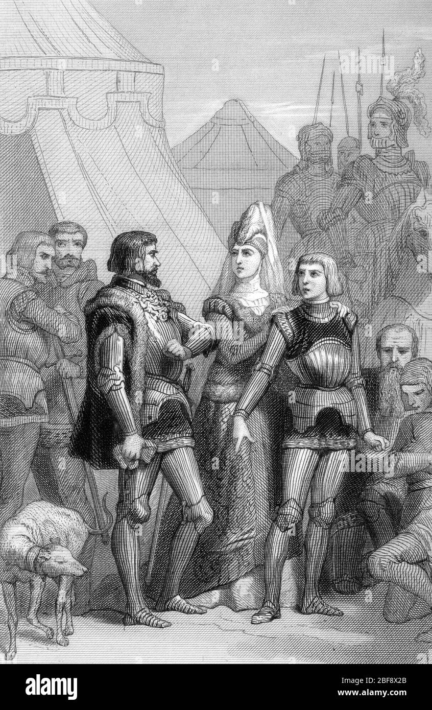 Guerre des deux Roses, Seconde bataille de Saint-Albans : 'Marguerite d'Anjou (1430-1482) epose d'Henri VI d'angleterre emphigne, et son fils Edoua Foto Stock
