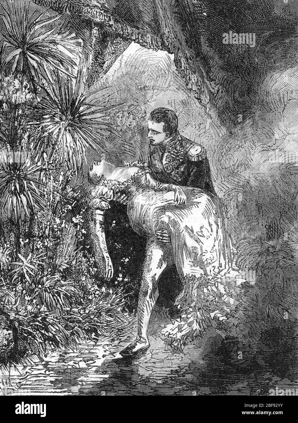 'L'empereur Napoleon Ier (1769-1821) sauvant Marie Louise (1791-1847) des flammes Lors du Grand incendie de l'Ambassade d'Autriche a Pa Foto Stock