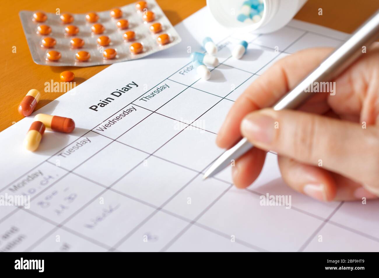 Concetto di trattamento del dolore: Foglio di calcolo settimanale del diario del dolore per l'analisi della causa con penna e medicina. Foto Stock