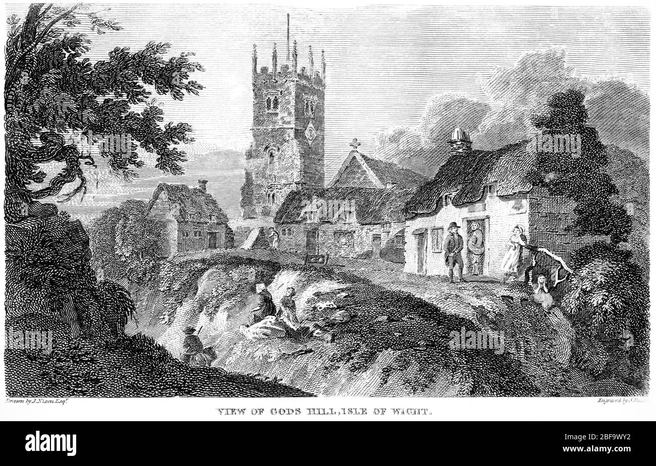 Un'incisione di una vista di Gods Hill (Godshill) Isle of Wight scansionata ad alta risoluzione da un libro stampato nel 1827. Creduto libero di copyright. Foto Stock