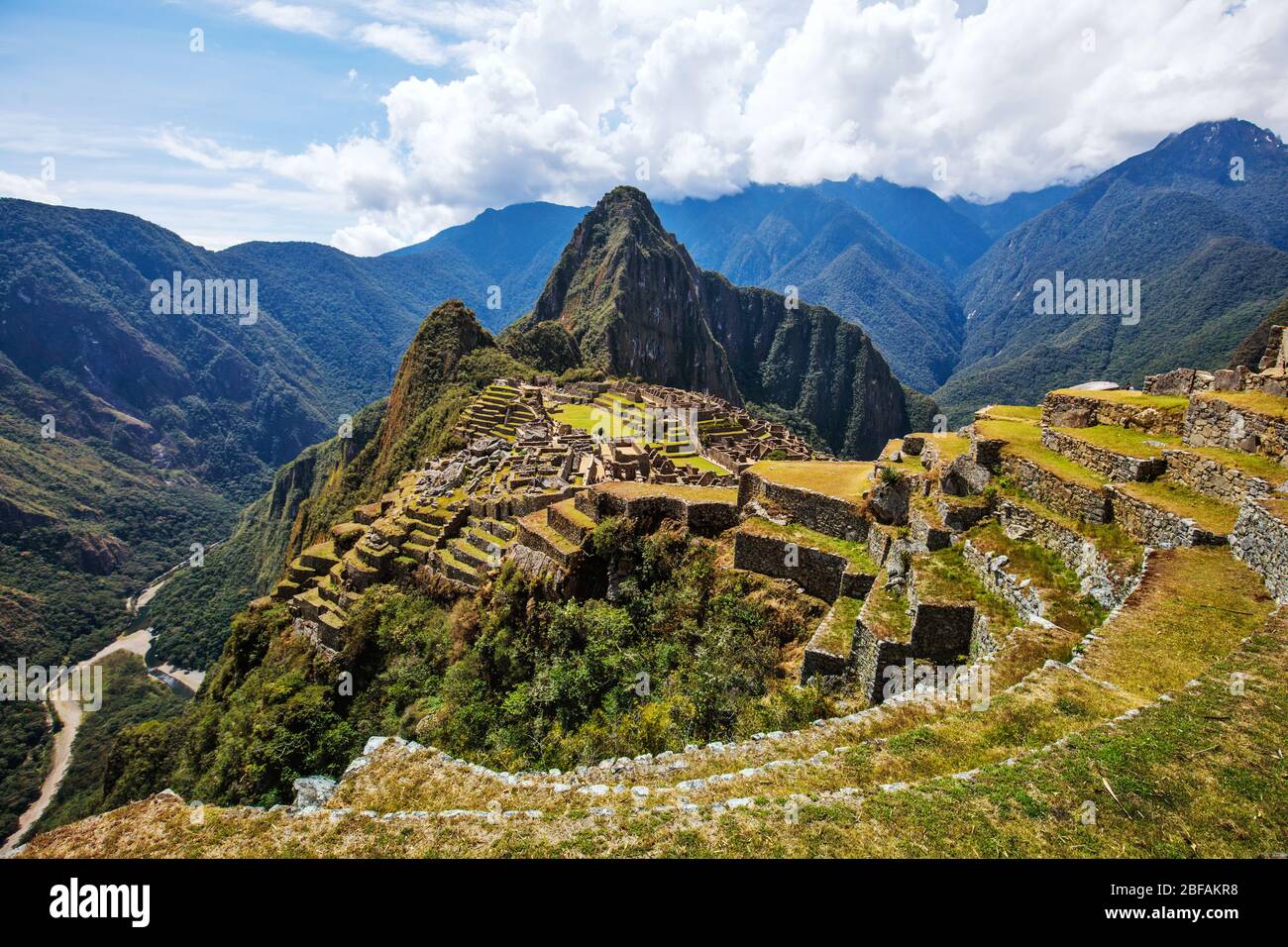 Antica città Inca di Machu Picchu, patrimonio dell'umanità dell'UNESCO, Perù. Foto Stock