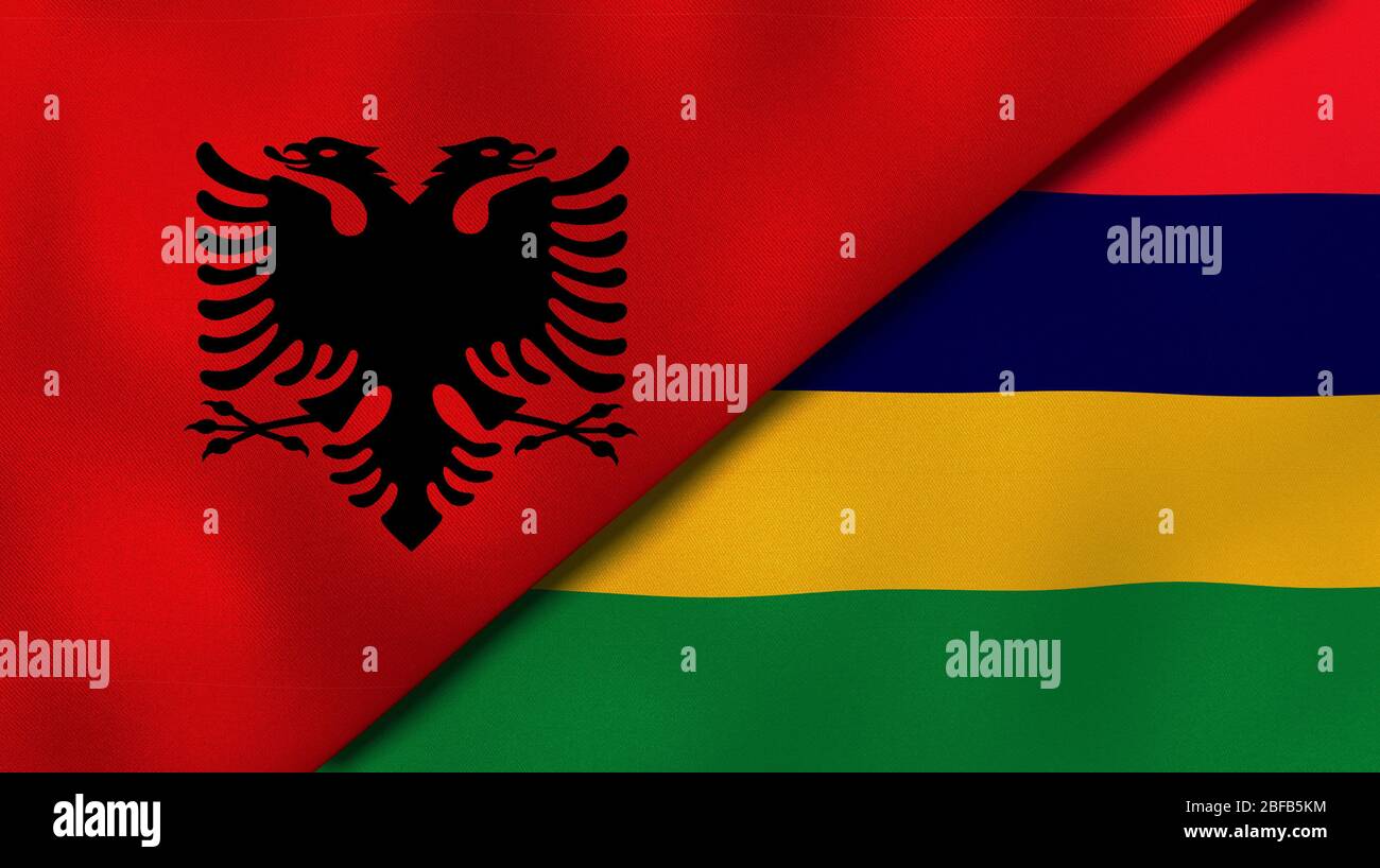 Due bandiere di albania e Maurizio. Background aziendale di alta qualità. illustrazione 3d Foto Stock