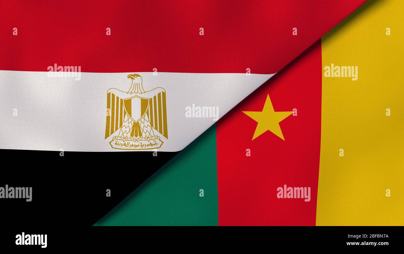 Due bandiere di stati dell'Egitto e del Camerun. Background aziendale di alta qualità. illustrazione 3d Foto Stock