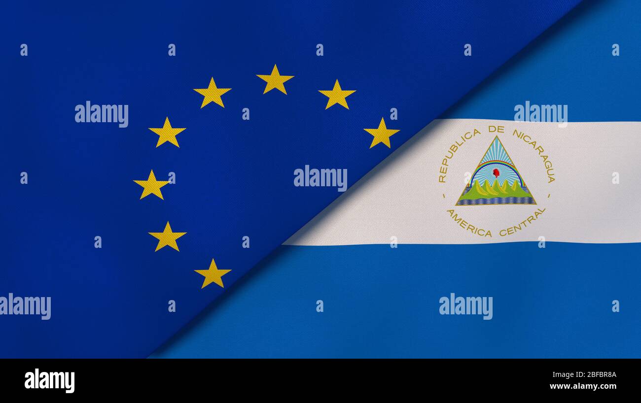 Due bandiere di stati dell'Unione europea e del Nicaragua. Background aziendale di alta qualità. illustrazione 3d Foto Stock