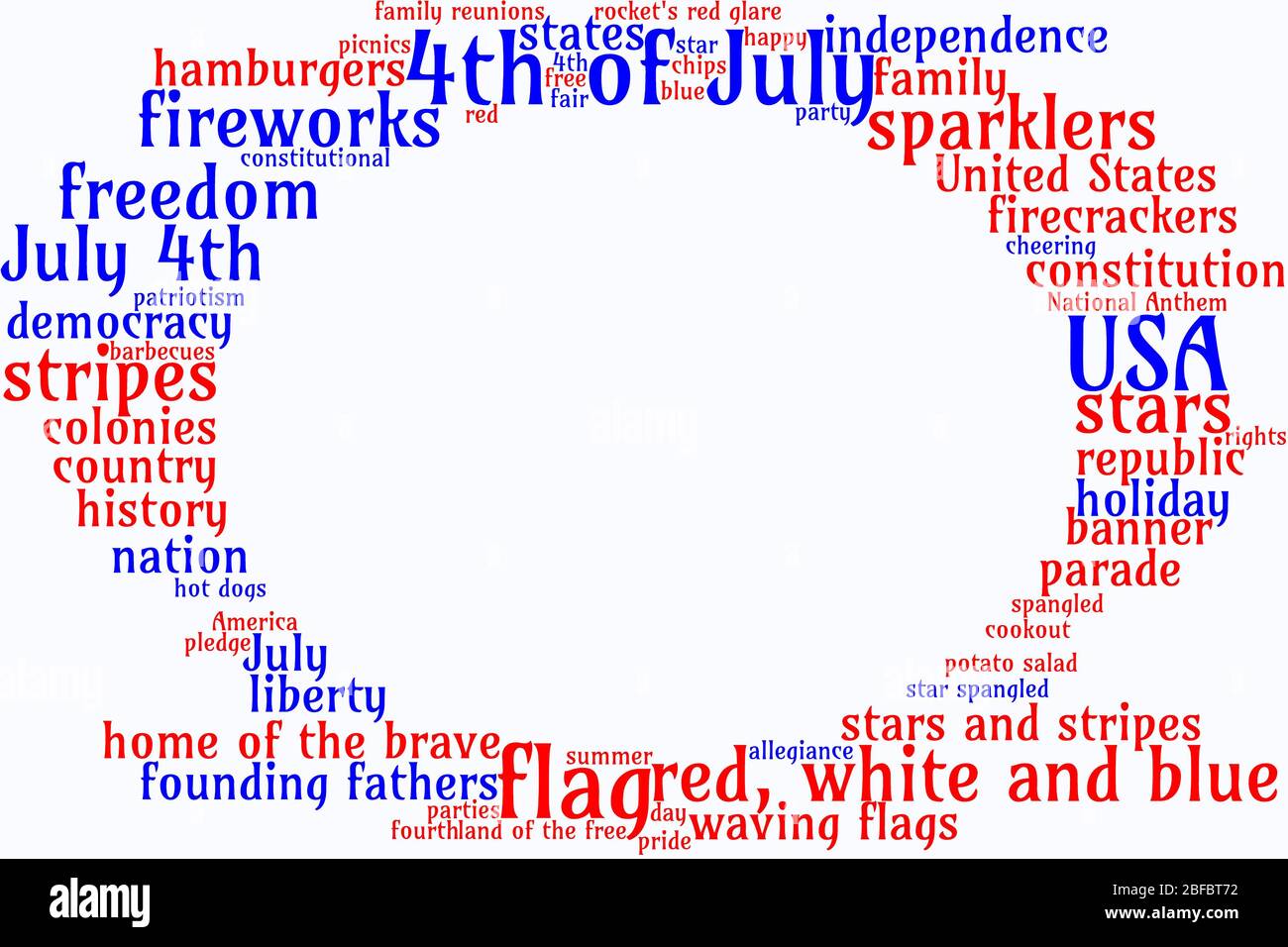 Stati Uniti 4 luglio Word nube forma una cornice ovale, testo rosso e blu su sfondo bianco Foto Stock