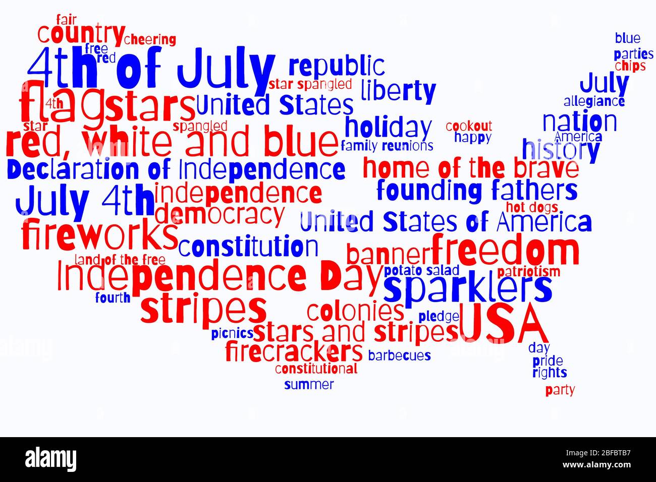 4 luglio, Independence Day, Stati Uniti, collage di testo, tag cloud nella forma degli Stati Uniti continentali Foto Stock