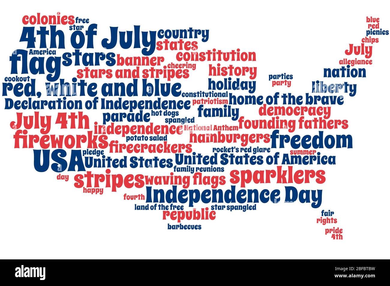 Collage di parole con testo su Independence Day a forma di Stati Uniti, rosso, bianco e blu, come sfondo Foto Stock