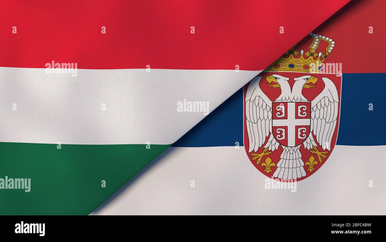 Due bandiere di stati dell'Ungheria e della Serbia. Background aziendale di alta qualità. illustrazione 3d Foto Stock