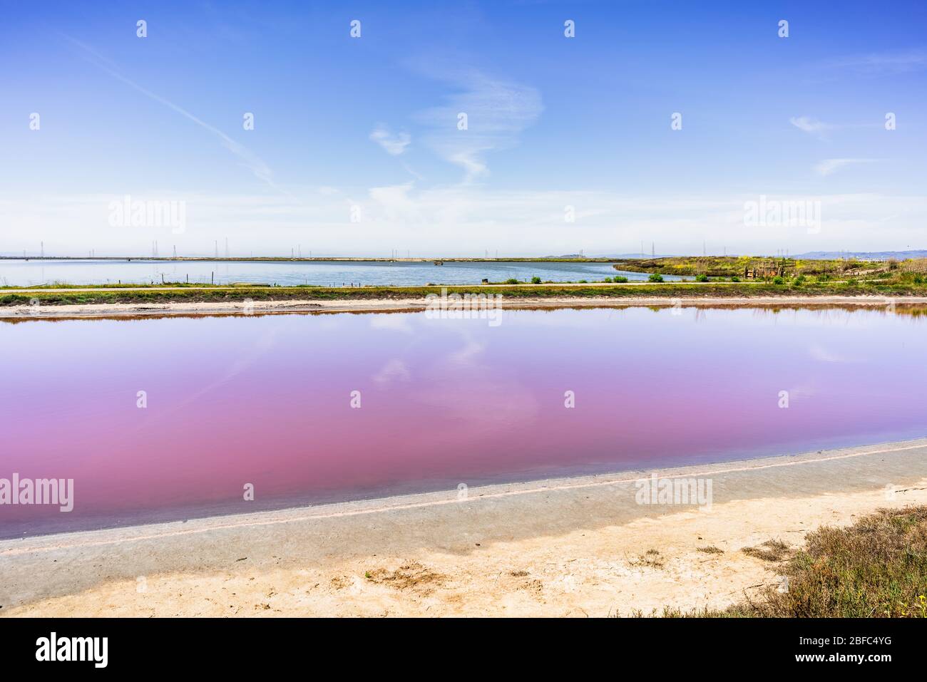 Stagno di evaporazione utilizzato nella produzione di sale a Sunnyvale, South San Francisco Bay Area, California; le micro-alghe salmastre sopravvivono in alto Foto Stock