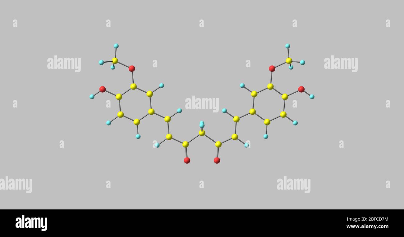 La curcumina è un diarileptanoid. È il curcuminoide principale della curcuma, che è un membro della famiglia dello zenzero Foto Stock