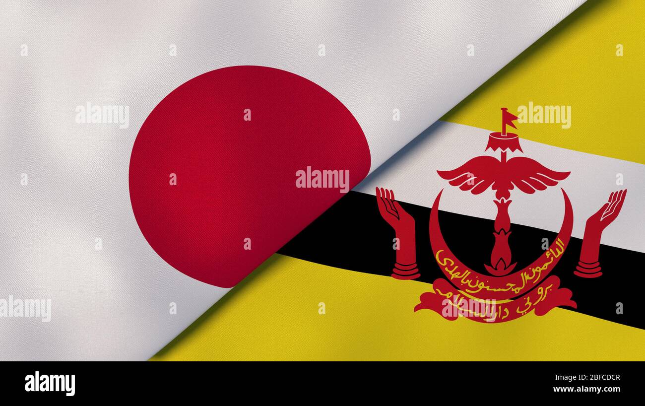 Due bandiere di stato del Giappone e del Brunei. Background aziendale di alta qualità. illustrazione 3d Foto Stock