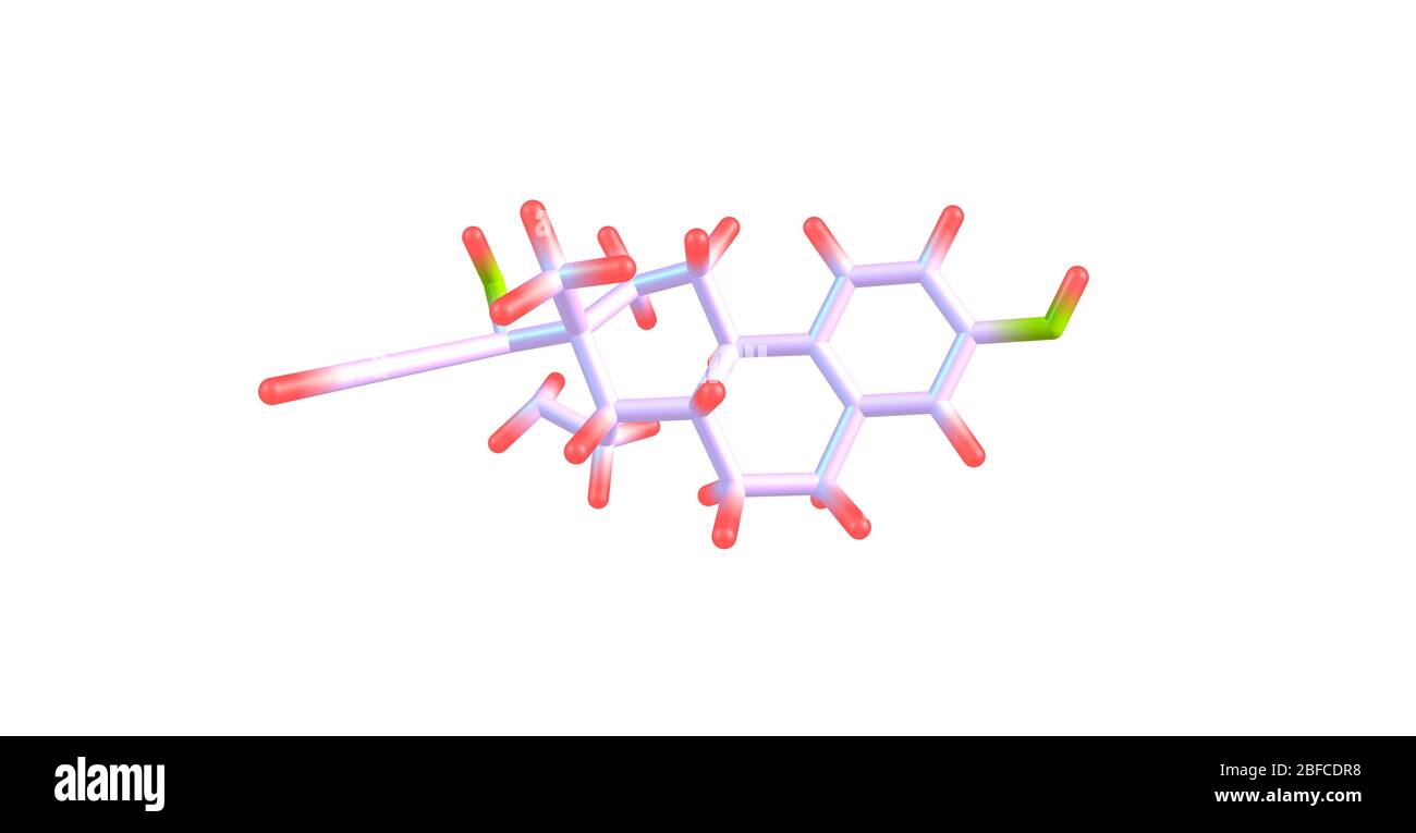 Molecola di Ethinyl Estradiol - contraccezione orale femminile su bianco Foto Stock