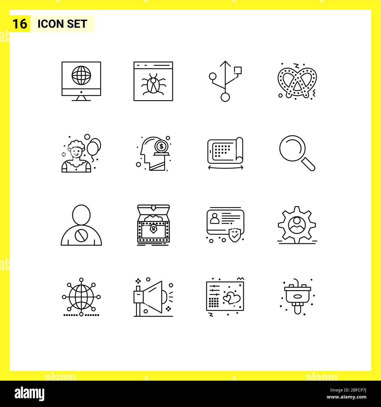 16 User Interface Outline Pack di segni moderni e simboli di dollaro, clown, sviluppo, circo, pretzel Editable Vector Design Elements Illustrazione Vettoriale