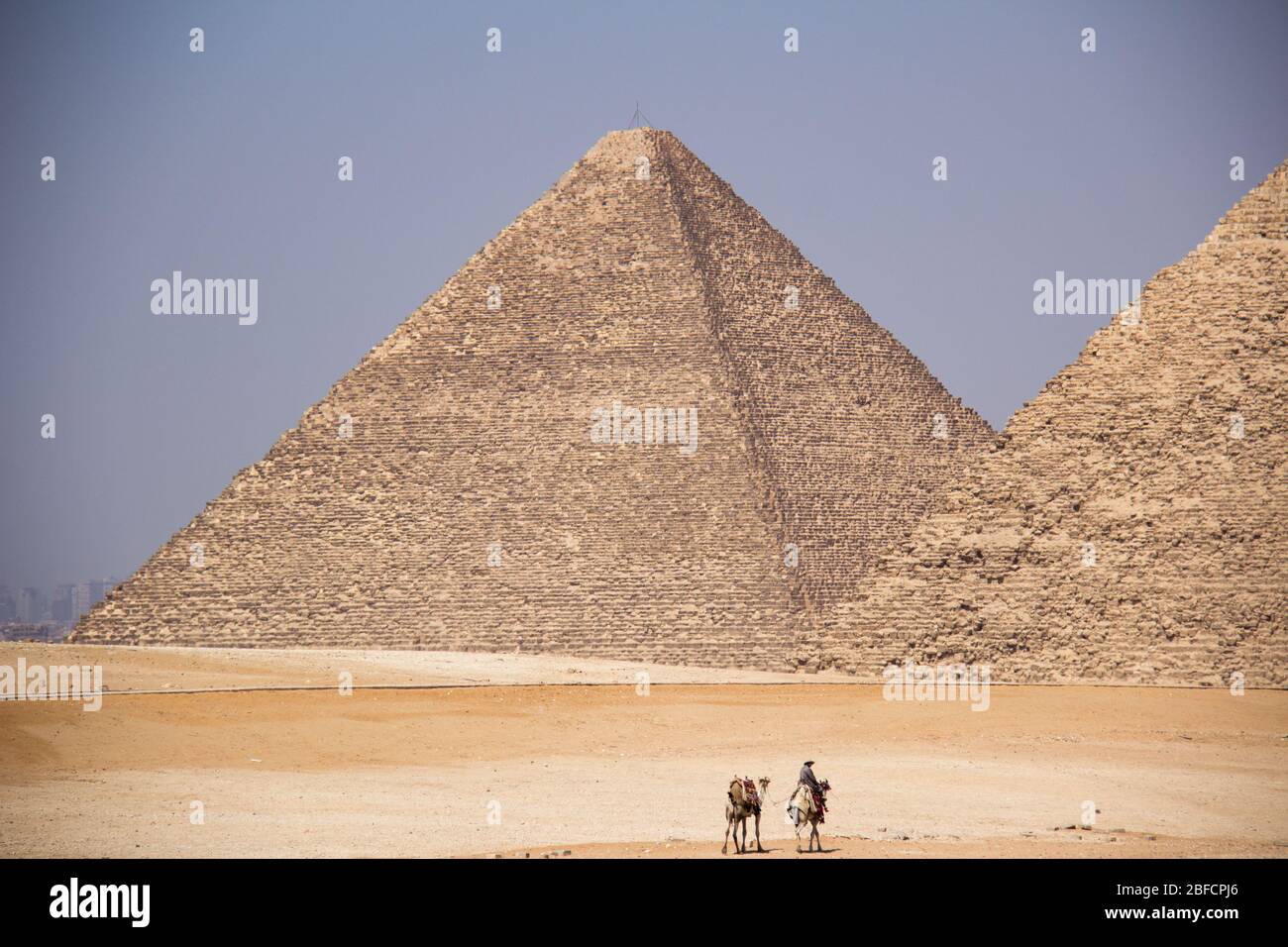 Un cavaliere di cammello nel deserto passa davanti alla Piramide di Khafre al complesso della Piramide di Giza vicino al Cairo, Egitto. Foto Stock