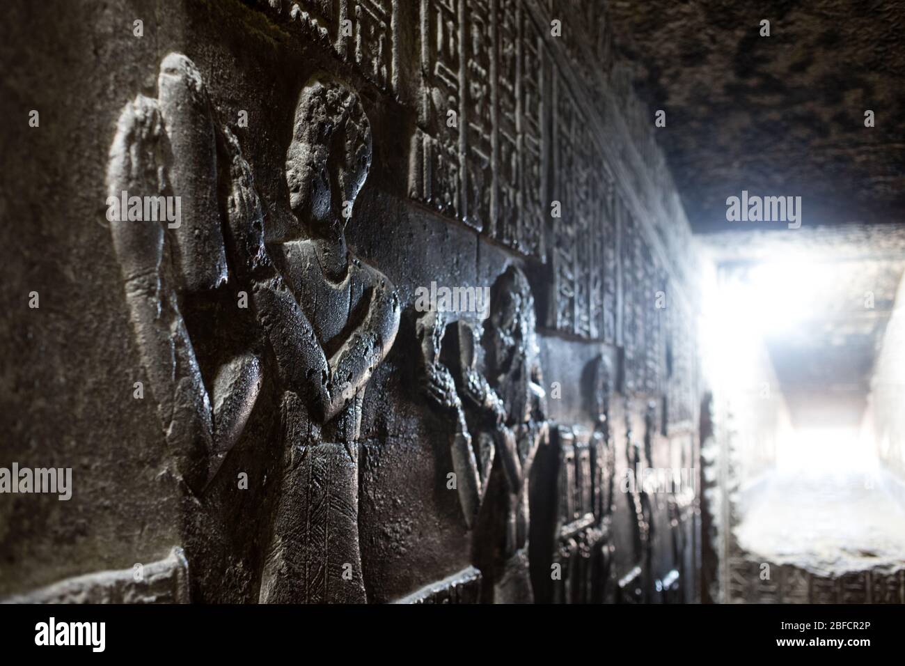 Sculture in rilievo all'interno del Tempio di Hathor a Dendera vicino a Luxor, Egitto. Foto Stock