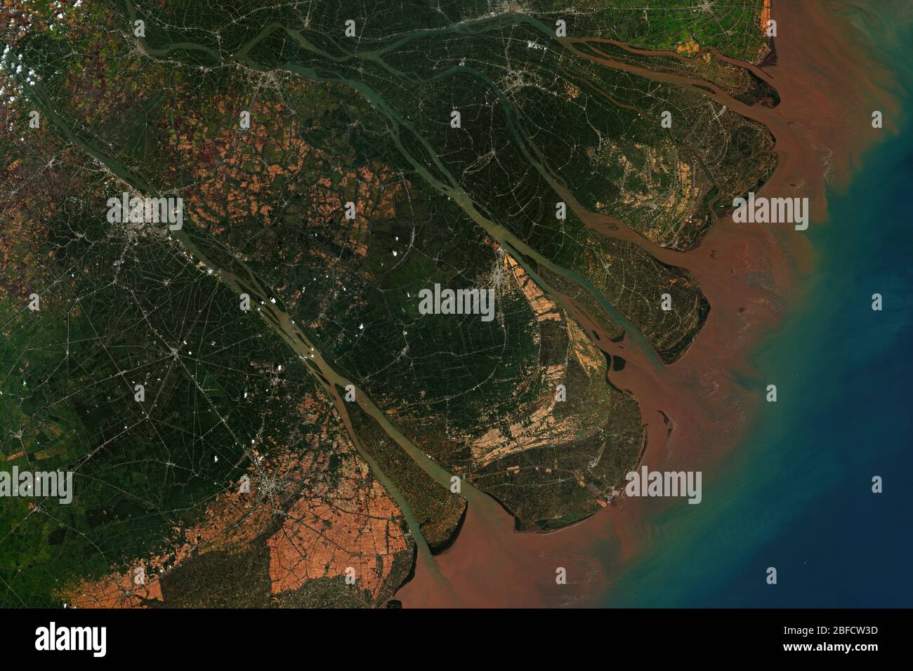 Il delta del fiume Mekong in Vietnam, dove il fiume Mekong si avvicina e si svuota nel Mar Cinese Meridionale, visto dallo spazio, contiene Copernico modificato Foto Stock
