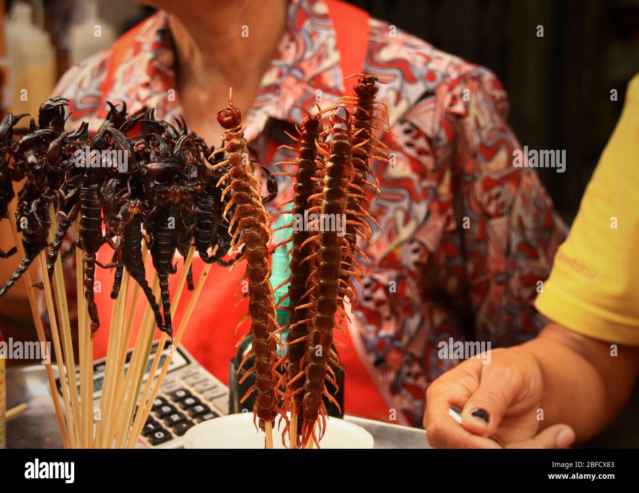 Centipedi fritti e scorpioni, cibo di strada esotico e tradizionale che mostra la cultura e la cucina della Thailandia Foto Stock