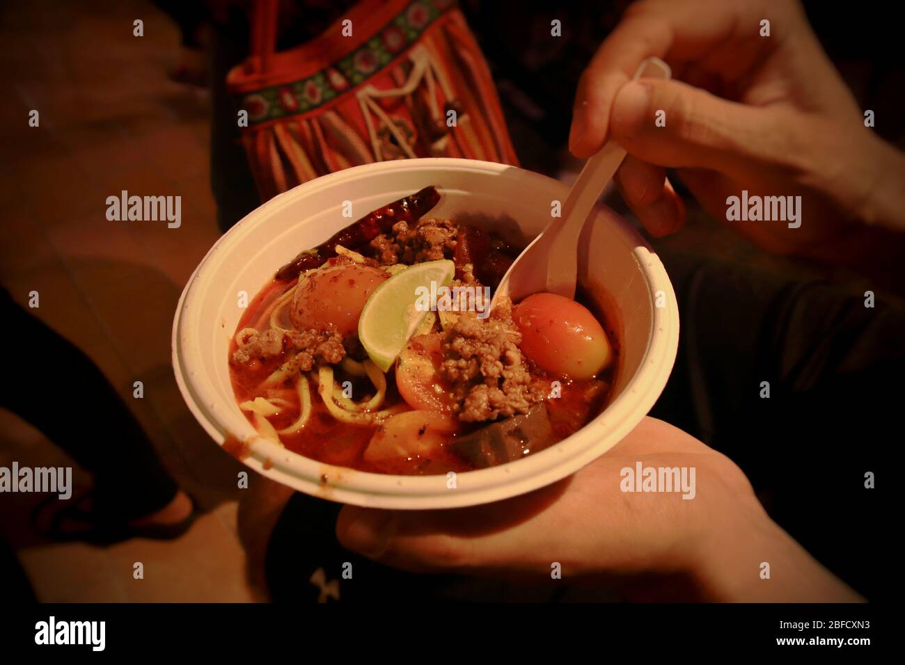 Zuppa di Laksa fatta di tagliatelle di grano e latte di cocco al curry piccante, un piatto popolare in cucina Peranakan o Malese Foto Stock