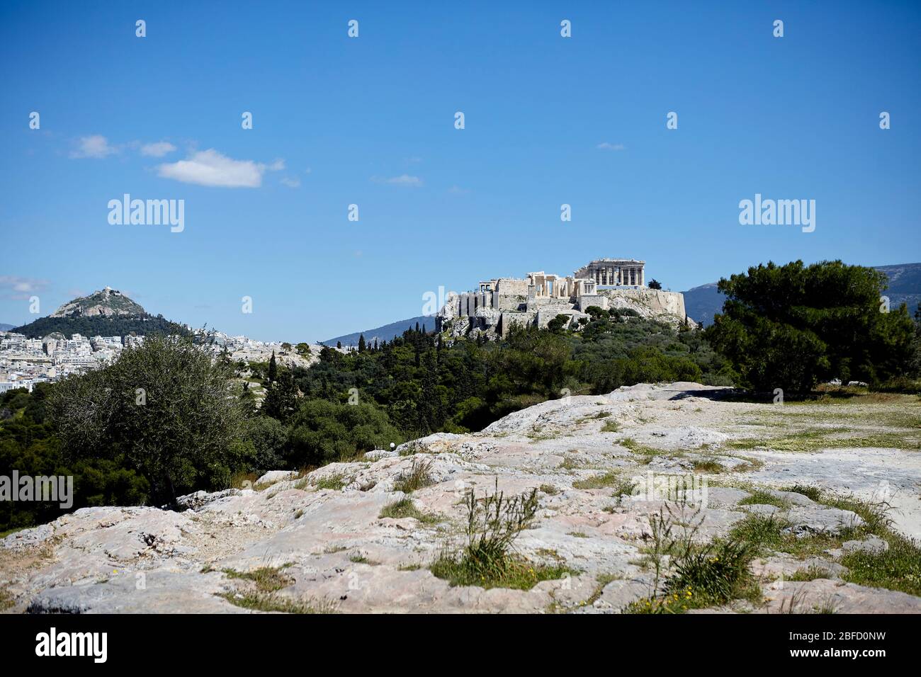 Collina di Pnyx e Acropoli ad Atene Grecia Foto Stock