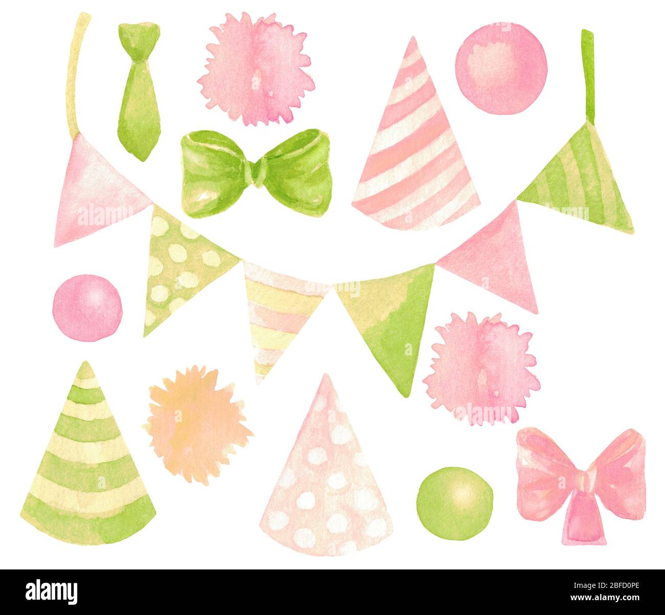 Elementi di compleanno acquerello. Set dipinto a mano per feste per bambini, palline, bandiere, POM-poms, arco, cravatta, rosa, verde Foto Stock