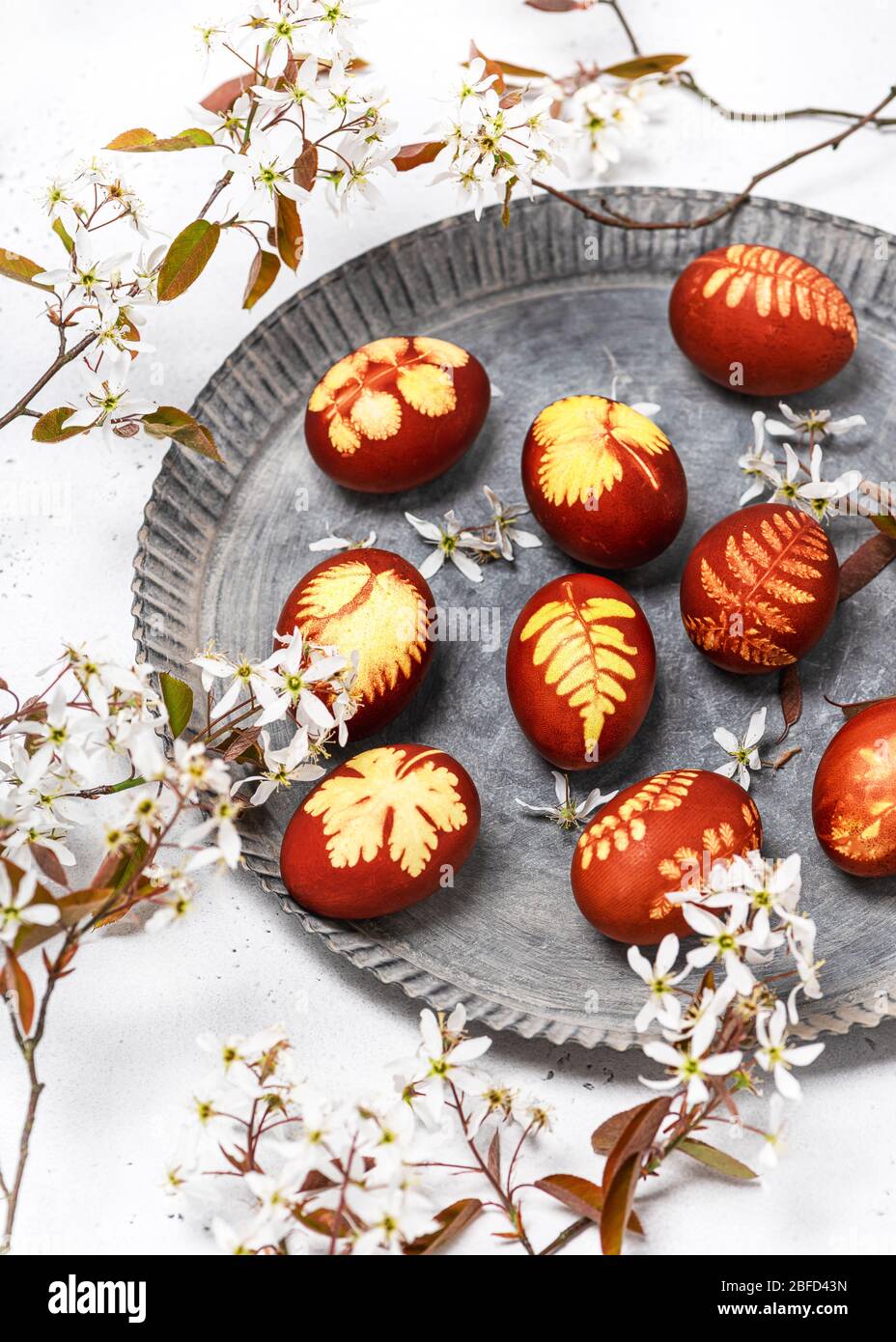 Uova di Pasqua fatte in casa in un piatto di metallo rustico con fiori bianchi selvatici di serviceberry albero. (Amelanchier). Messa a fuoco selettiva. Foto Stock