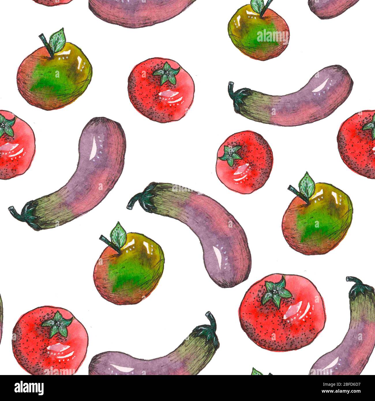 Verdure senza cuciture modello realizzato in acquerello con melanzane, mele e pomodoro Foto Stock