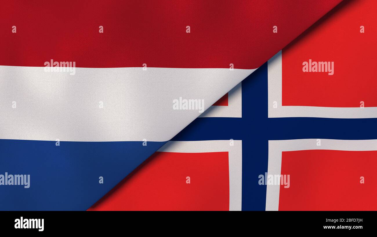 Due bandiere di paesi Bassi e Norvegia. Background aziendale di alta qualità. illustrazione 3d Foto Stock