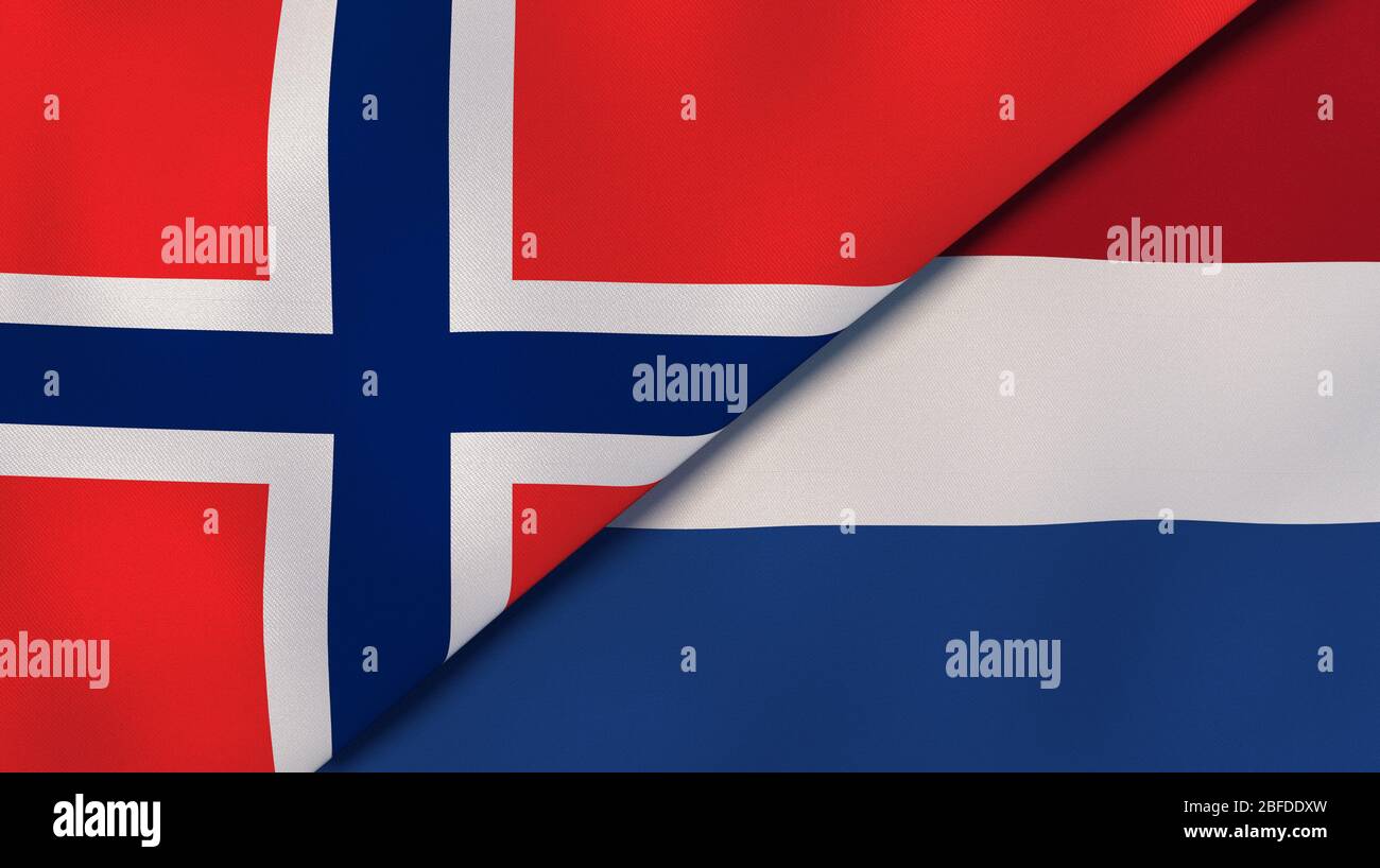 Due bandiere di stati della Norvegia e dei Paesi Bassi. Background aziendale di alta qualità. illustrazione 3d Foto Stock