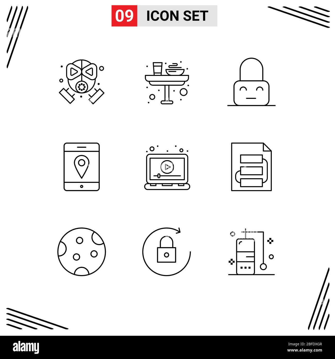 Set di 9 icone moderne dell'interfaccia utente simboli per laptop, mobile, pranzo, mappe, elementi di progettazione vettoriale modificabili parentali Illustrazione Vettoriale