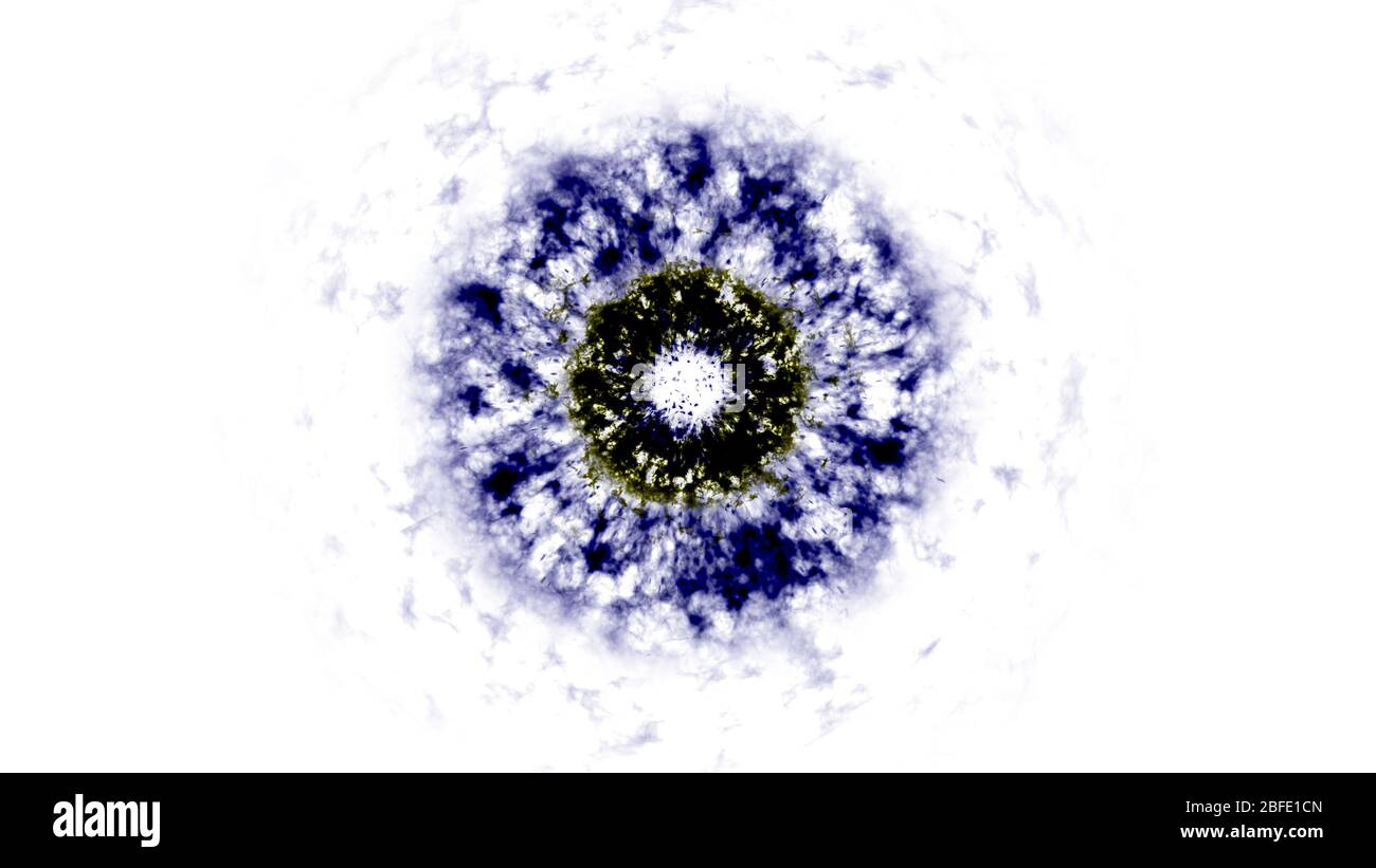 Esplosione di onde d'urto su sfondo bianco. Nuvola scura che esplosa di energia ed è in espansione. Palla di fuoco di fuoco di animazione. Foto Stock