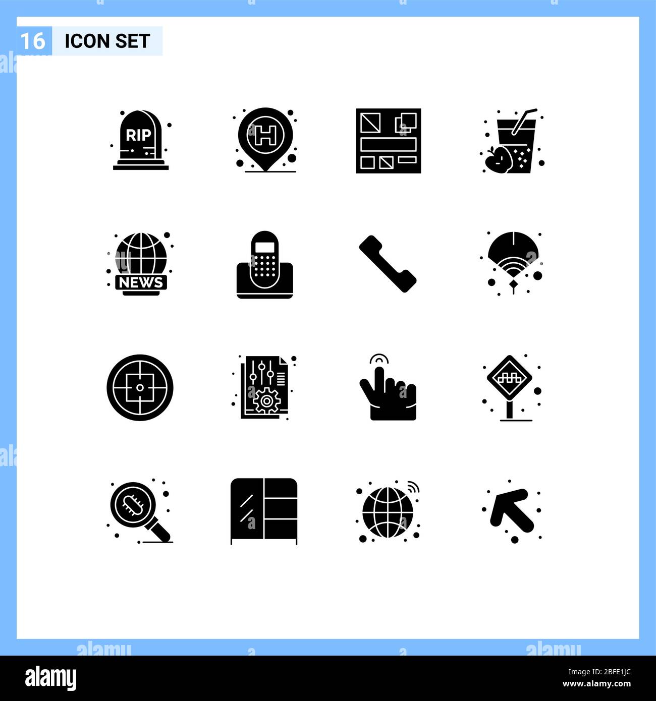 Confezione da 16 simboli e simboli dei moderni Solid Glyphs per Web Print Media come notizie, trasmissioni, mockup, World wide, food Editable Vector Design Eleme Illustrazione Vettoriale
