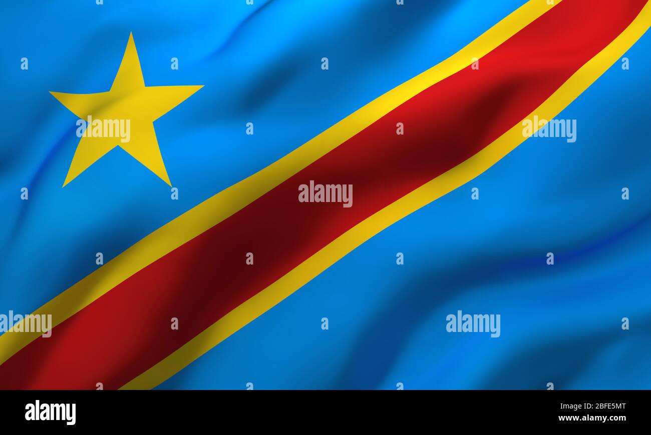 Bandiera della Repubblica Democratica del Congo soffia nel vento. Bandiera di bandiera congolese. Illustrazione 3D. Foto Stock