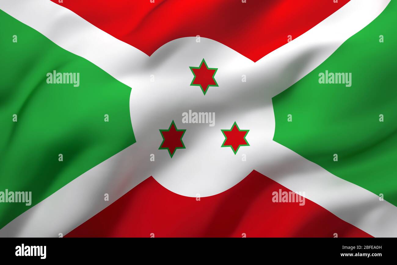 Bandiera del Burundi che soffia nel vento. Bandiera di volo burundese a pagina intera. Illustrazione 3D. Foto Stock