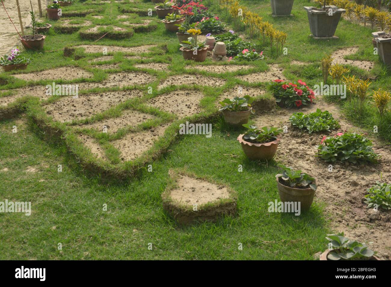 Primo piano della mappa indiana e dello Sri Lanka fatta a terra con fango e confini con erba tessuta in un giardino con vasi di fiori Foto Stock