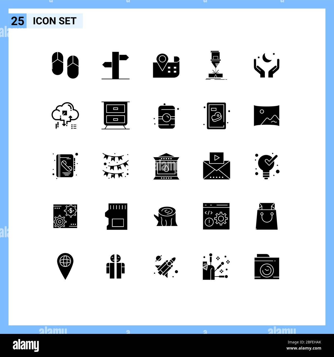 Universal Icon Symbols Gruppo di 25 moderni glifi solidi di mano, acciaio, mappa, laser, ingegneria elementi di progettazione vettoriale editabili Illustrazione Vettoriale