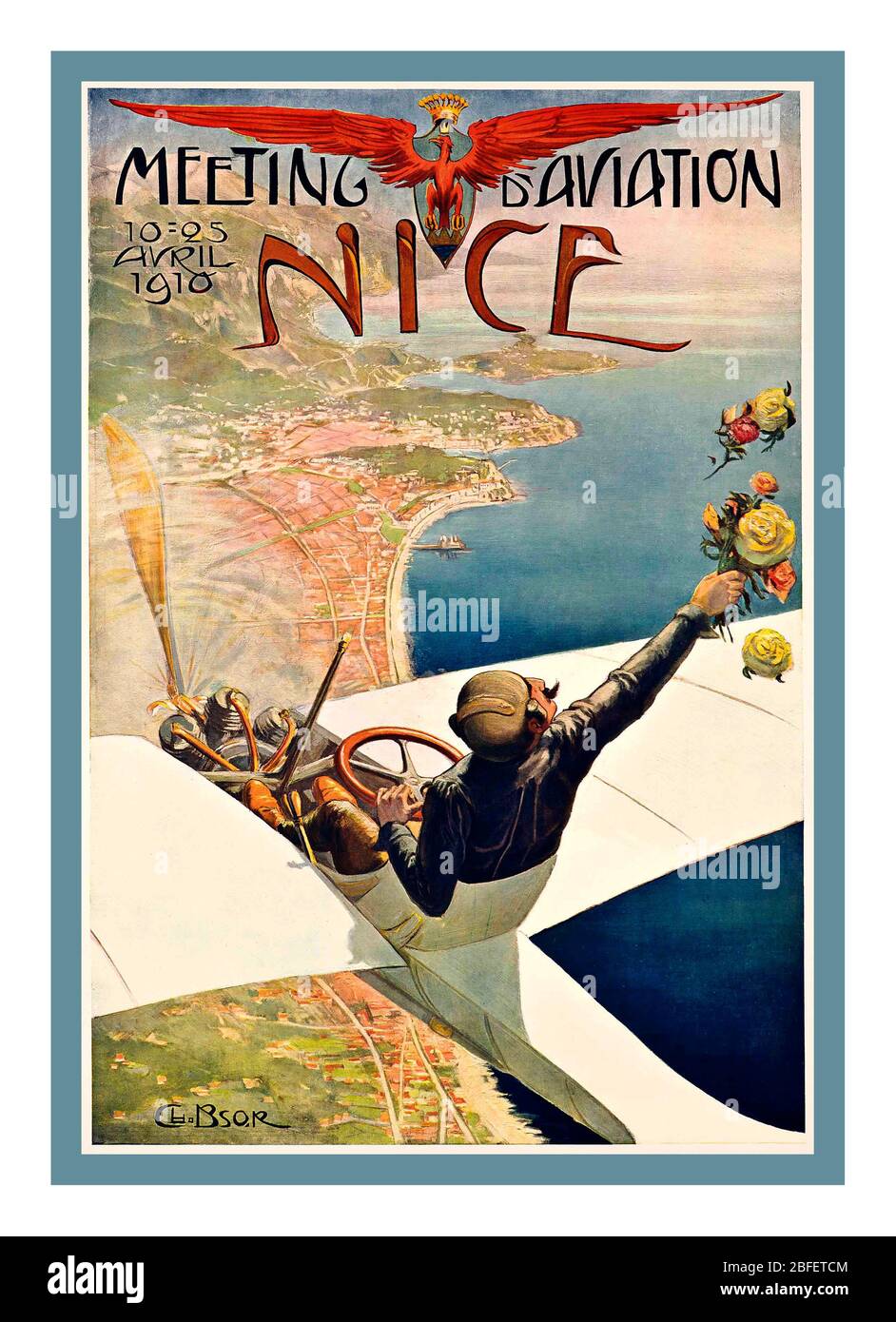 Poster di trasporto di vintage 'MEETING D'AVIATION', NICE FRANCE litografia offset in colori, 1910, stampato da Affiches Photographiques Robaudy, Cannes, artista Charles Léonce Brossé (1871-1945) Foto Stock