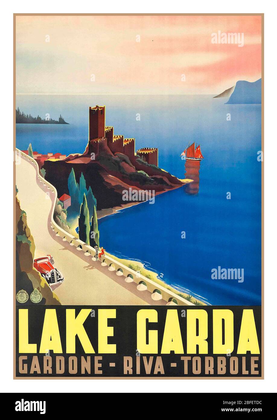 Vintage 1930 LAGO DI GARDA Italia poster italiano, Gardone, Riva,Torbole, litografia a colori, 1939, stampato da Barabino & Graeve, Genova, Italia Foto Stock