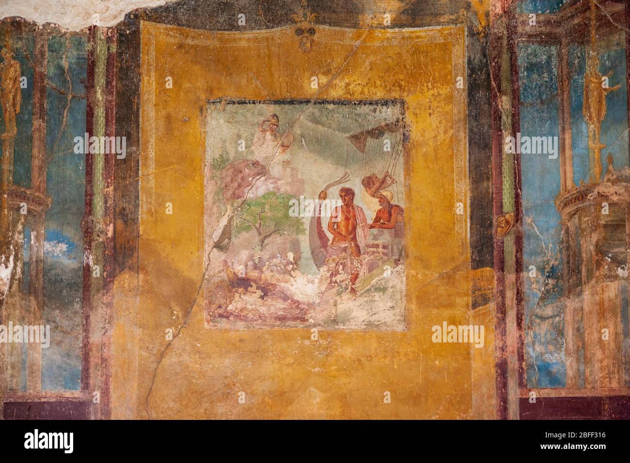 Dettaglio di un affresco murale raffigurante Teso e Ariadne nella sala da pranzo della Casa del tragico poeta, Pompei, Italia Foto Stock