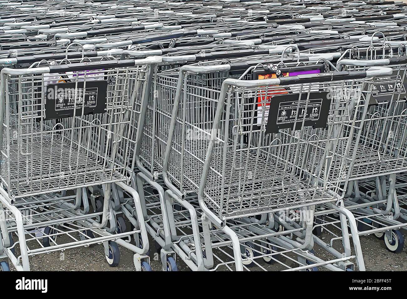 Decine di carrelli vuoti per lo shopping nei supermercati dietro uno Stop & Shop nel centro commerciale Bay Terrace a Bayside, Queens, New York City. Foto Stock