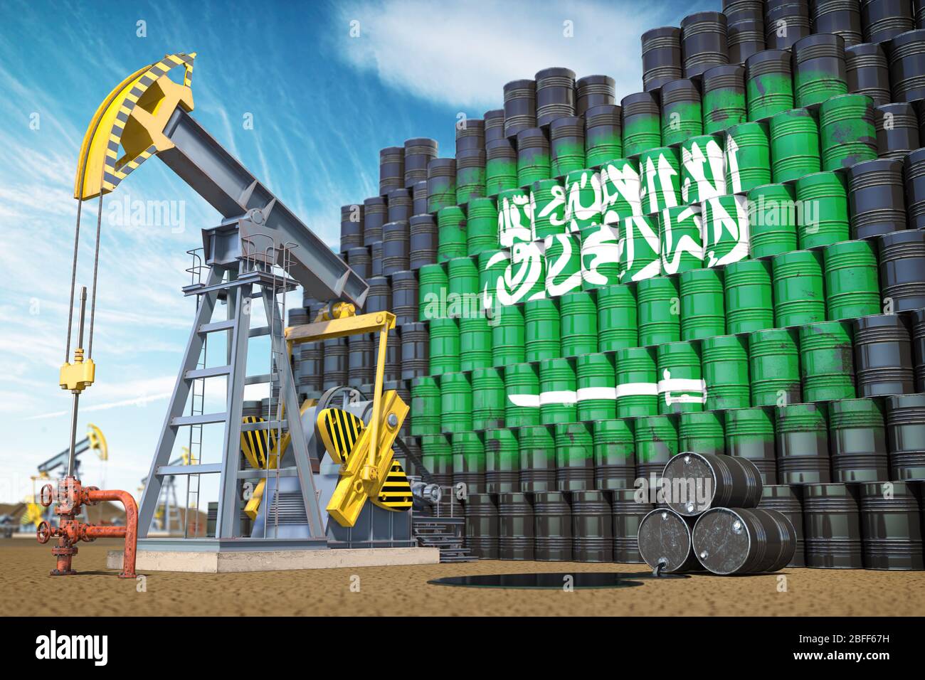 Produzione ed estrazione di petrolio in Arabia Saudita. Martinetto per pompa dell'olio e barili dell'olio con bandiera dell'Arabia Saudita. illustrazione 3d Foto Stock