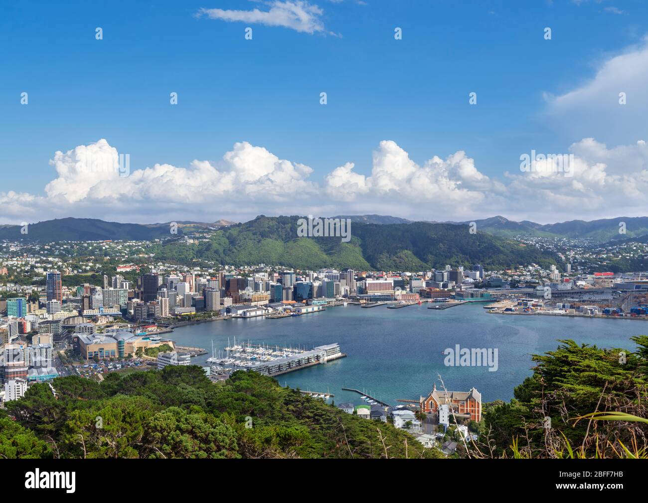 Vista aerea della città e del porto di Lambton dal Mount Victoria Lookout, Wellington, Nuova Zelanda Foto Stock